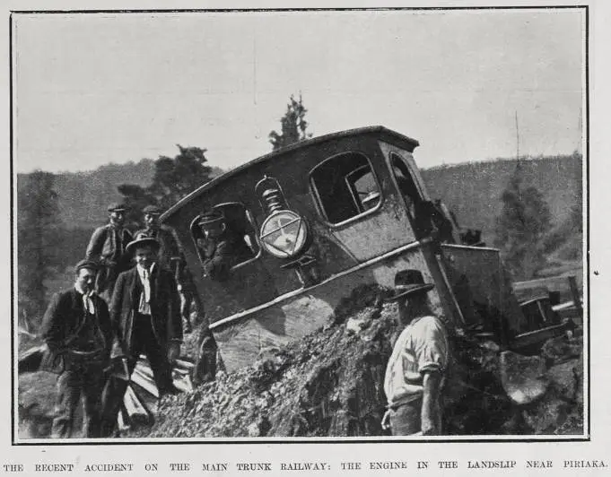 THE RECENT ACIDENT ON THE MAIN TRUNK RAILWAY: THE ENGINE IN THE LANDSLIP NEAR PIRIAKA