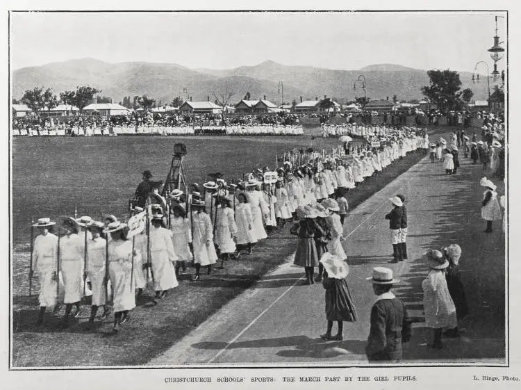 CHRISTCHURCH SCHOOLS' SPORTS; THE MARCH PAST BY THE GIRL PUPILS