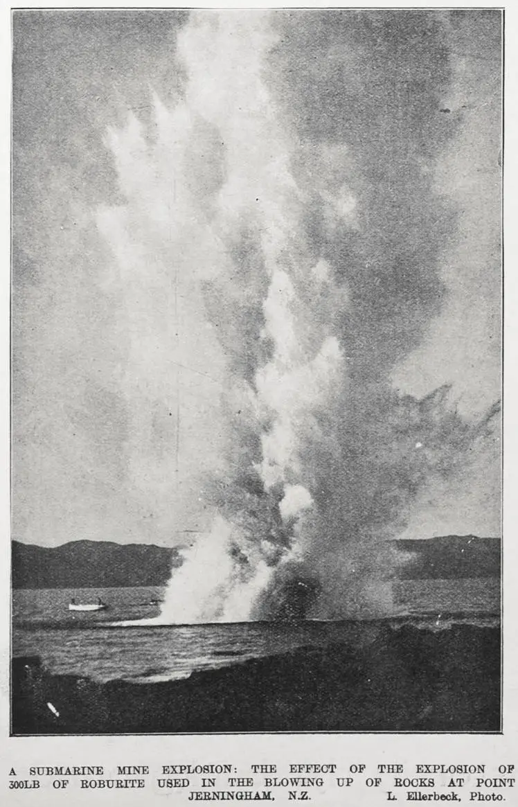 A SUBMARINE MINE EXPLOSION: THE EFFECT OF THE EXPLOSION OF 300LB OF ROBURITE USED IN THE BLOWING UP OF ROCKS AT POINT JERNINGHAM, N.Z.