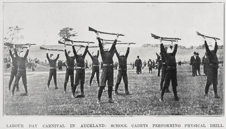LABOUR DAY CARNIVAL IN AUCKLAND: SCHOOL CADETS PERFORMING PHYSICAL DRILL