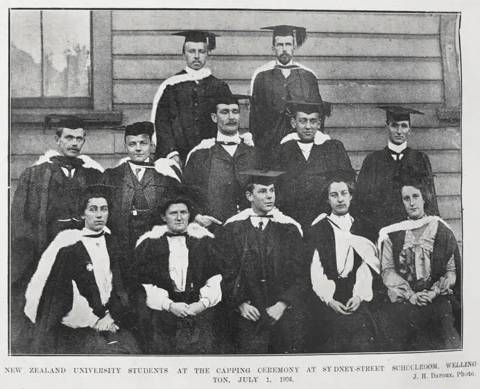 NEW ZEALAND UNIVERSITY STUDENTS AT THE CAPPING CEREMONY AT SYDNEY-STREET SCHOOLROOM, WELLINGTON, JULY 1, 1904