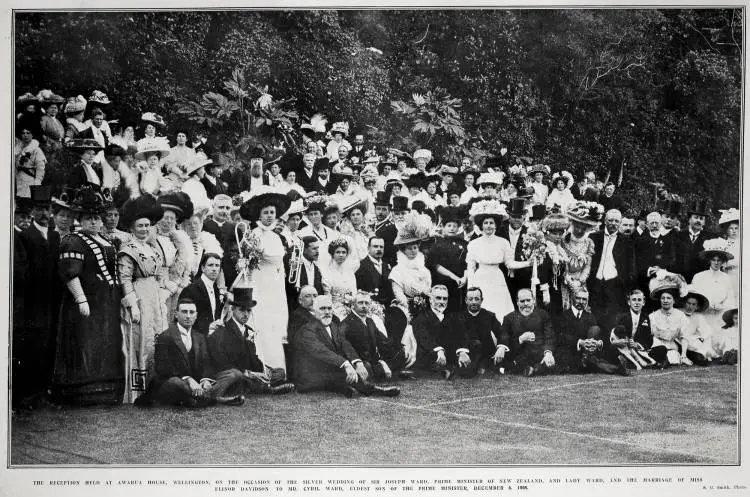 RECEPTION HELD AT AWARUA HOUSE, WELLINGTON, ON THE OCCASION OF THE SILVER WEDDING OF SIR JOSEPH WARD, PRIME MINISTER OF NEW ZEALAND, AND LADY WARD, AND THE MARRIAGE OF MISS ELINOR DAVIDSON TO MR. CYRIL WARD, ELDEST SON OF THE PRIME MINISTER, DECEMBER 6, 1908