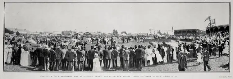 WAIRARAPA A. AND P. ASSOCIATION'S SHOW AT CARTERTON: GENERAL VIEW OF THE SHOW GROUNDS, SHOWING THE PARADE OF STOCK, OCTOBER 29, 1908