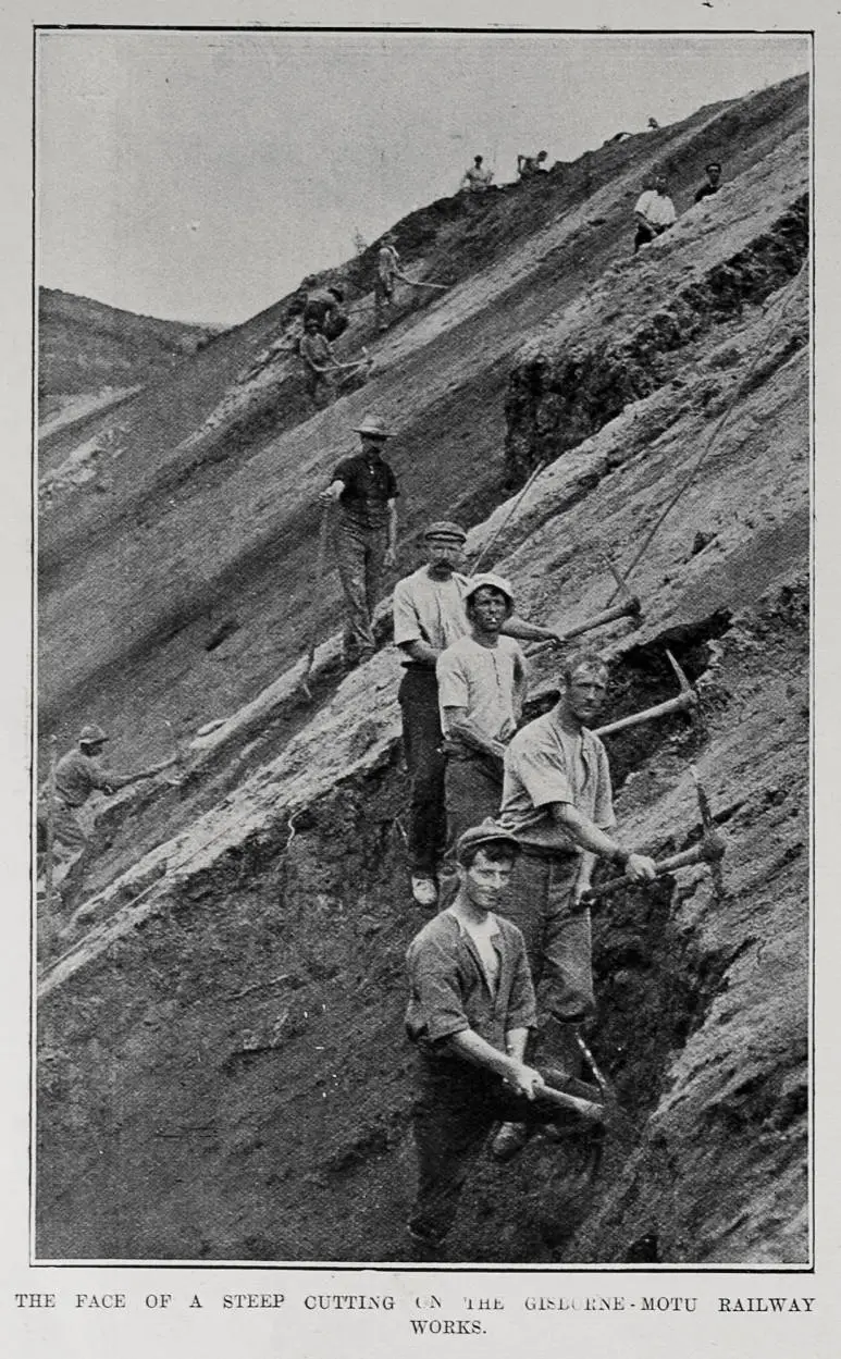 THE FACE OF A STEEP CUTTING ON THE GISBORNE-MOTU RAILWAY WORKS