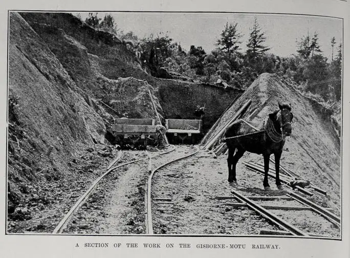 A SECTION OF THE WORK ON THE GISBORNE-MOTU RAILWAY