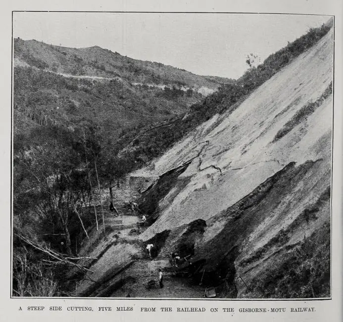 A STEEP SIDE CUTTING, FIVE MILES FROM THE RAILHEAD ON THE GISBORNE-MOTU RAILWAY