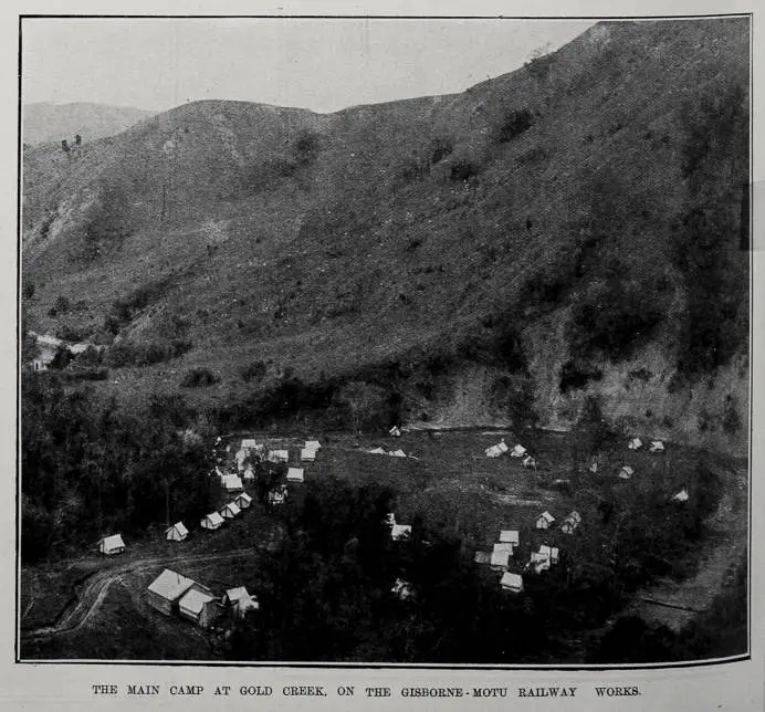 THE MAIN CAMP AT GOLD CREEK, ON THE GISBORNE-MOTU RAILWAY WORKS