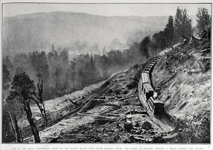 ONE OF THE GREAT ENGINEERING FEATS OF THE NORTH ISLAND MAIN TRUNK RAILWAY ROUTE: THE SPIRAL AT RAURIMU, SHOWING A TRAIN CLIMBING THE INCLINE