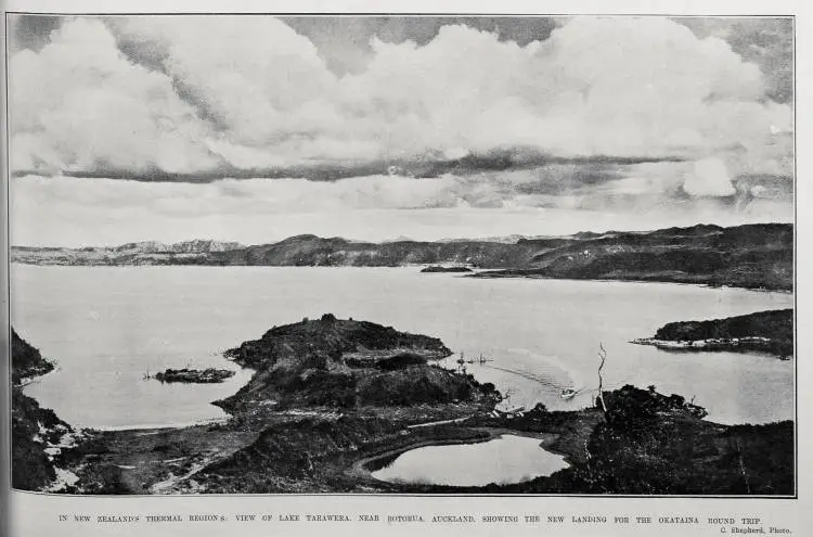 IN NEW ZEALAND'S THERMAL REGIONS: VIEW OF LAKE TARAWERA. NEAR ROTOURA, AUCKLAND. SHOWING THE NEW LANDING FOR THE OKATAINA ROUND TRIP