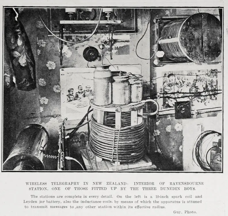 WIRELESS TELEGRAPHY IN NEW ZEALAND: INTERIOR OF RAVENSBOURNE STATIO, ONE OF THOSE FITTED UP BY THE THREE DUNEDIN BOYS