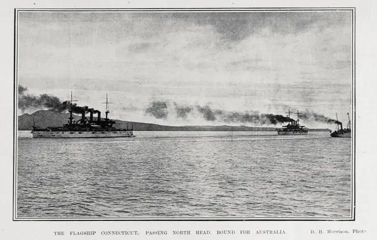 THE FLAGSHIP CONNECTICUT, PASSING NORTH HEAD, BOUND FOR AUSTRALIA
