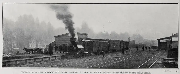 PROGRESS OF THE NORTH ISLAND MAIN TRUNK RAILWAY: A TRAIN AT RAURIMU STATION, IN THE VICINITY OF THE GREAT SPIRAL