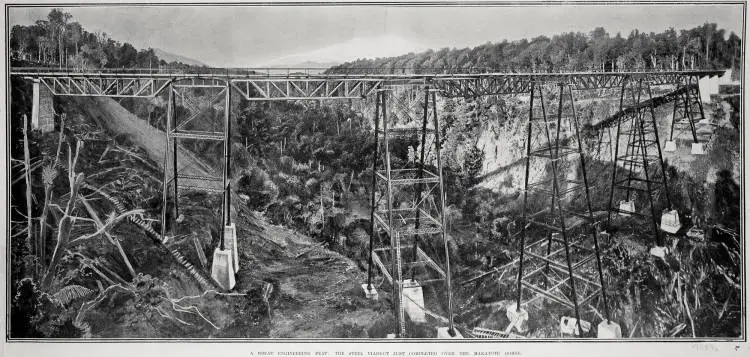A GREAT ENGINEERING FEAT: THE STEEL VIADUCT JUST COMPLETED OVER THE MAKATOTE GORGE