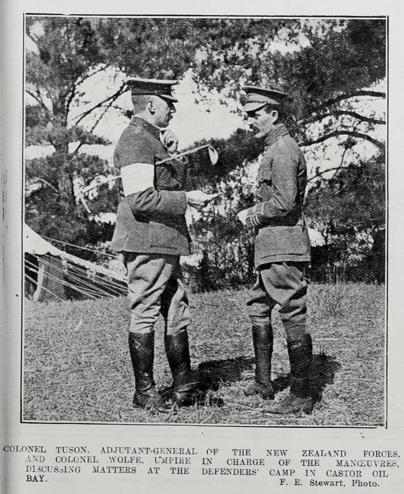 COLONEL TUSON, ADJUTANT-GENERAL OF THE NEW ZEALAND FORCES, AND COLONEL WOLFE, UMPIRE IN CHARGE OF THE MANOEUVRES