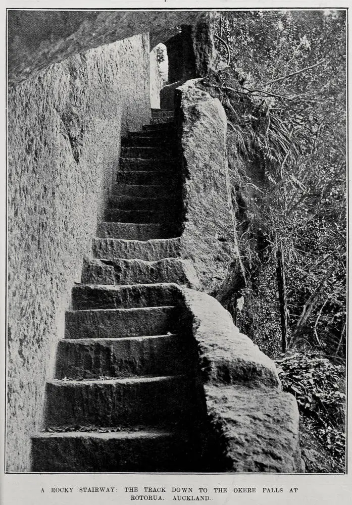 A rocky stairway: the track down to the Ōkere Falls at Rotorua