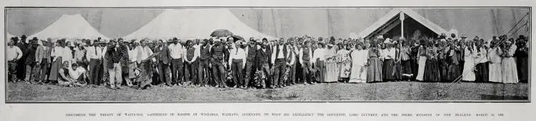 DISCUSSING THE TREATY OF WAITANGI: GATHERING OF MAORIS AT WAHAROA, WAIKATO, AUCKLAND, TO MEET HIS EXCELLENCY THE GOVERNER, LORD PLUNKET, AND THE PRIME MINISTER OF NEW ZEALAND, MARCH 18, 1908