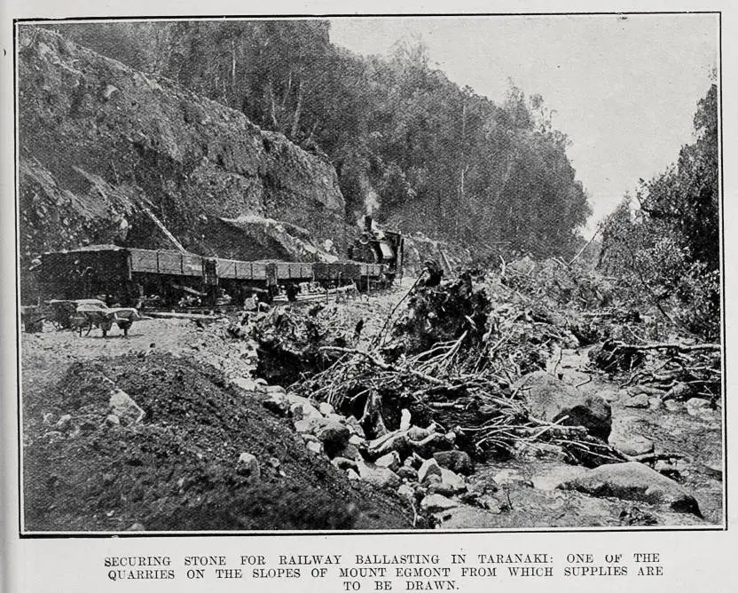 SECURING STONE FOR RAILWAY BALLASTING IN TARANAKI: ONE OF THE QUARRIES OF THE SLOPES OF MOUNT EGMONT FROM WHICH SUPPLIES ARE TO BE DRAWN