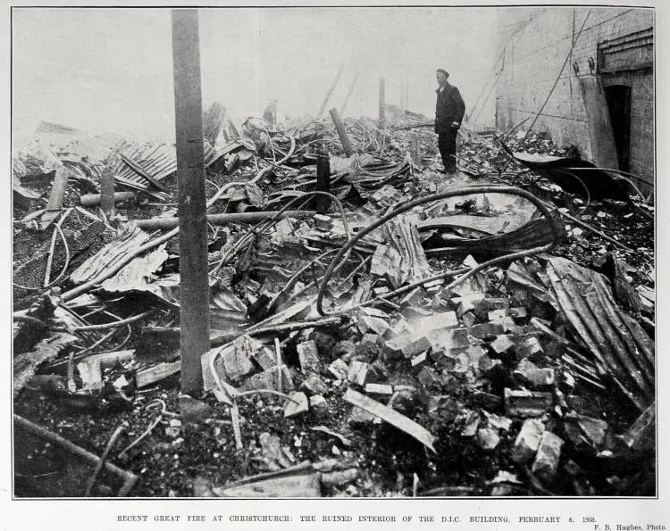 RECENT GREAT FIRE AT CHRISTCHURCH: THE RUINED INTERIOR OF THE D.I.C. BUILDING, FEBRUARY 6, 1908
