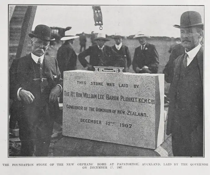THE FOUNDATION STONE OF THE NEW ORPHANS' HOME AT PAPATOETOE; AUCKLAND, LAID BY THE GOVERNOR ON DECEMBER 12, 1907