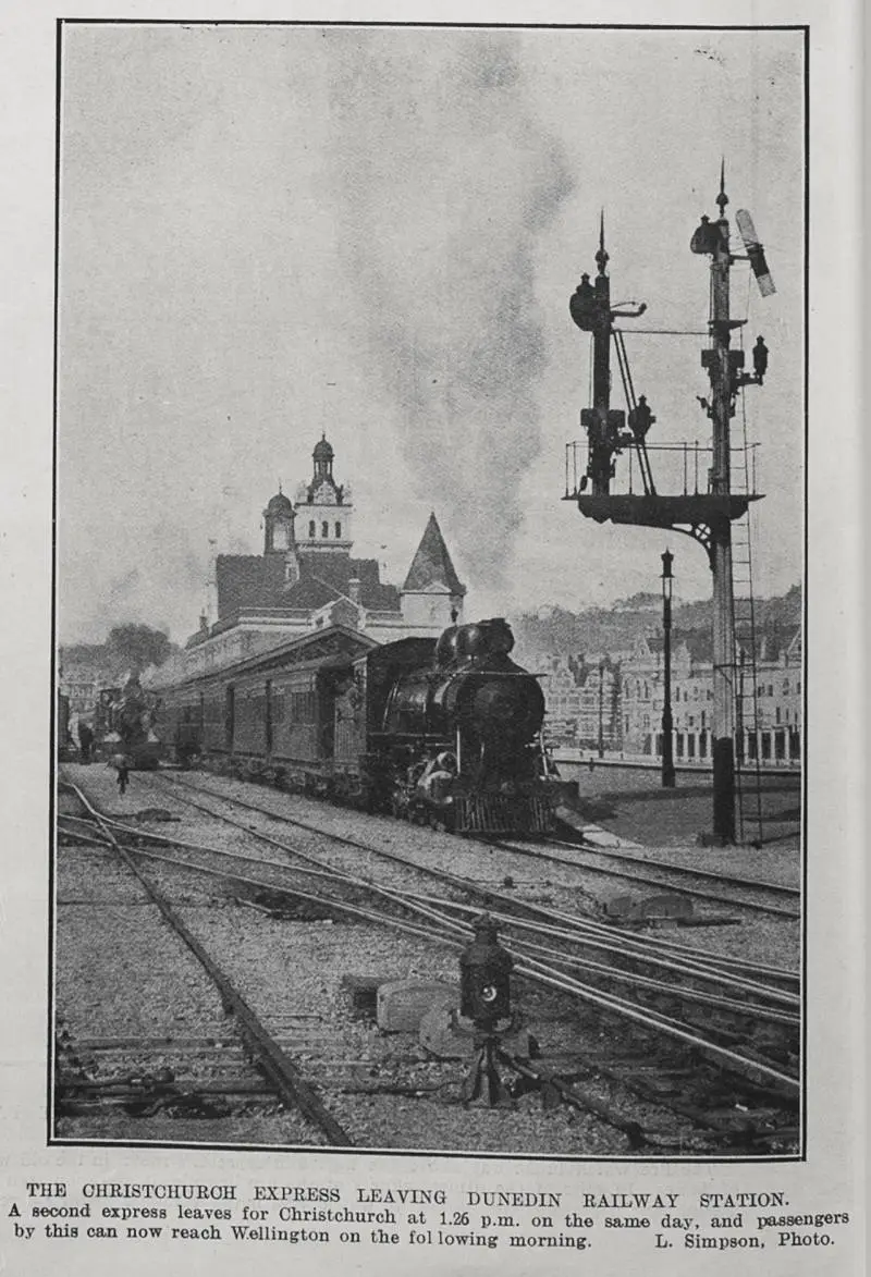 THE CHRISTCHURCH EXPRES LEAVING DUNEDIN RAILWAY STATION