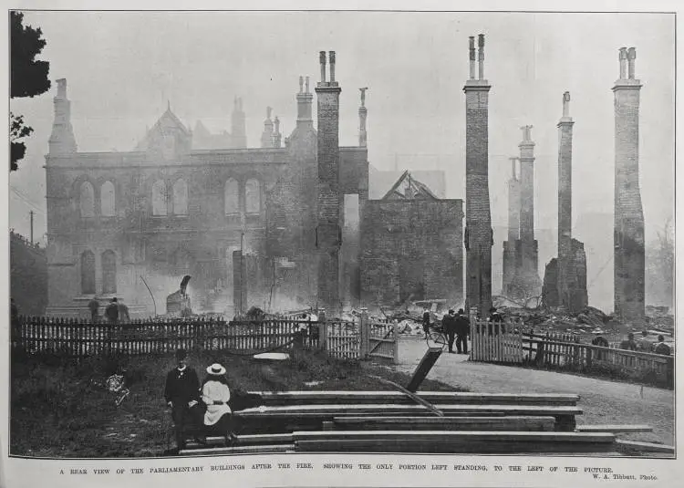 A REAR VIEW OF THE PARLIAMENTARY BUILDINGS AFTER THE FIRE, SHOWING THE ONLY PORTION LEFT STANDING, TO THE LEFT OF THE PICTURE