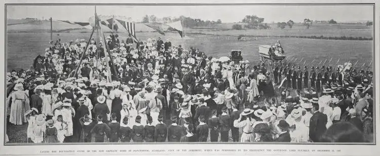 LAYING THE FOUNDATION STONE OF THE NEW ORPHANS' HOME AT PAPATOETOE, AUCKLAND: VIEW OF THE CEREMONY, WHICH WAS PERFORMED BY HIS EXCELLENCY THE GOVERNOR, LORD PLUNKET, ON DECEMBER 12, 1907