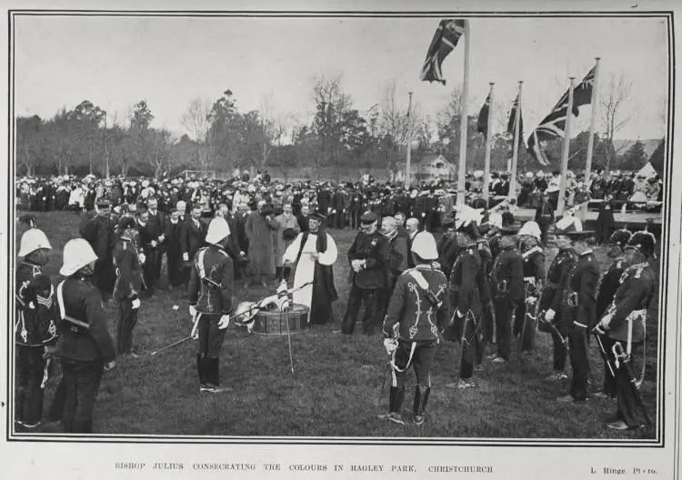 BISHOP JULIUS CONSECRATING THE COLOURS IN HAGLEY PARK, CHRISTCHURCH