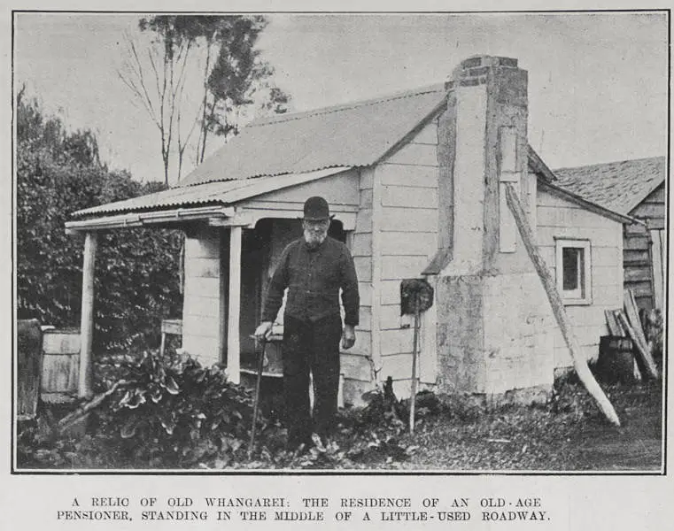 A RELIC OF OLD WHANGAREI: THE RESIDENCE OF AN OLD-AGE PENSIONER, STANDING IN THE MIDDLE OF A LITTLE-USED ROADWAY
