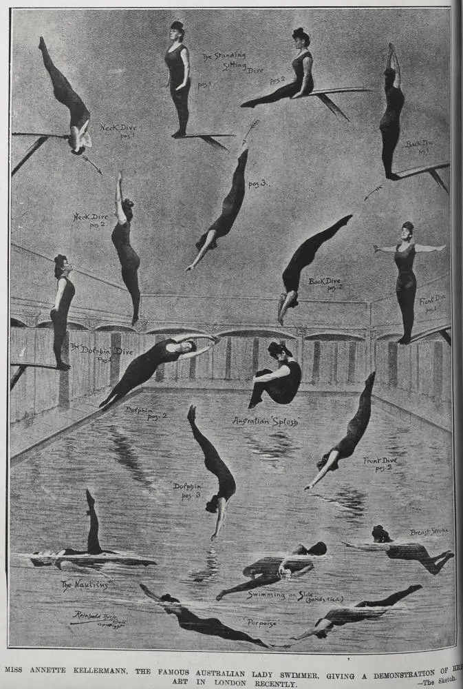 MISS ANNETTE KELLERMANN, THE FAMOUS AUSTRALIAN LADY SWIMMER, GIVING A DEMONSTRATION OF HER ART IN LONDON RECENTLY