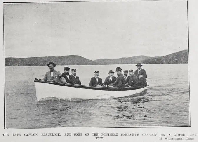 THE LATE CAPTAIN BLACKLOCK, AND SOME OF THE NORTHERN COMPANY'S OFFICERS ON A MOTOR BOAT TRIP