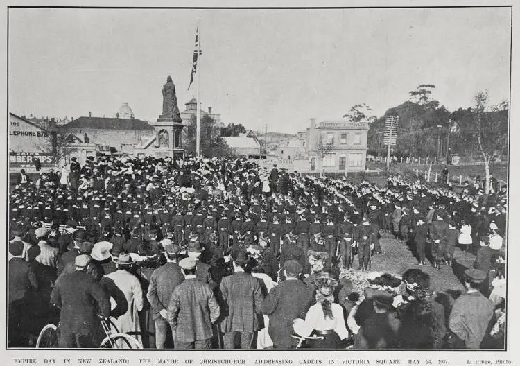 EMPIRE DAY IN NEW ZEALAND: THE MAYOR OF CHRISTCHURCH ADDRESSING CADETS IN VICTORIA SQUARE, MAY 24, 1907