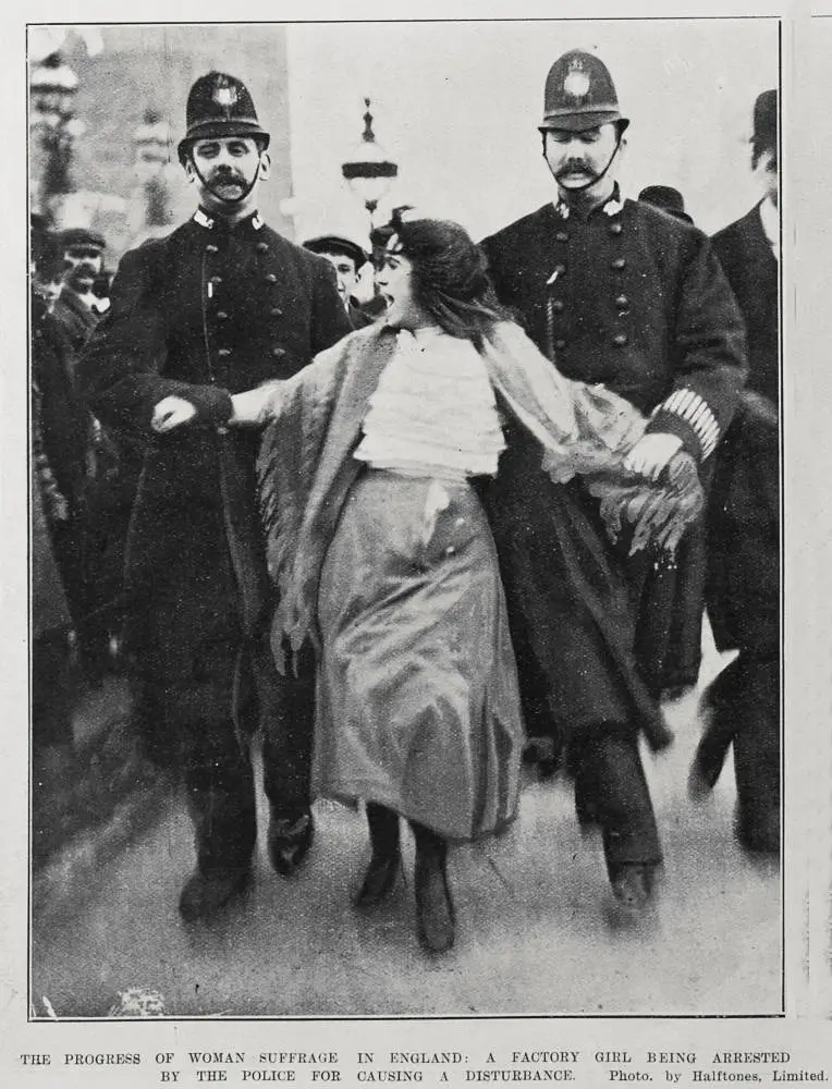 THE PROGRESS OF WOMAN SUFFRAGE IN ENGLAND: A FACTORY GIRL BEING ARRESTED BY THE POLICE FOR CAUSING A DISTURBANCE