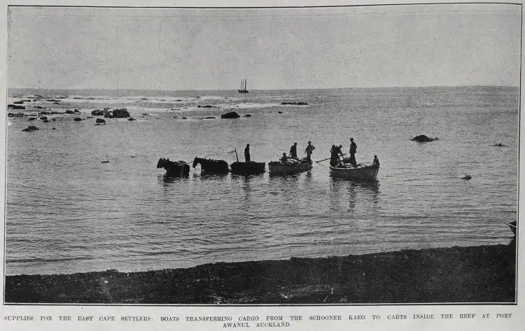 SUPPLIES FOR THE EAST CAPE SETTLERS: BOATS TRANSFERRING CARGO FROM THE SCHOONER KAEO TO CARTS INSIDE THE REEF AT PORT AWANUI, AUCKLAND