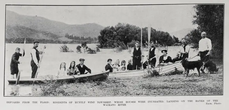 REFUGEES FORM THE FLOOD: RESIDESTS OF HUNTLY WEST TOWNSHIP, WHOSE HOUSES WERE INUNDATED, LANDING ON THE BANKS OF THE WAIKATO RIVER