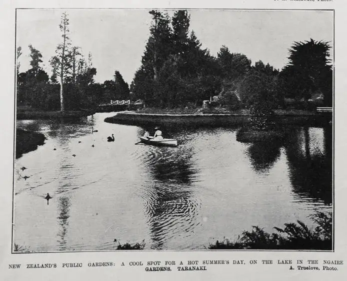 NEW ZEALAND'S PUBLIC GARDENS: A COOL SPOT FOR A HOT SUMMER'S DAY, ON THE LAKE IN THE NGAIRE GARDENS, TARANAKI