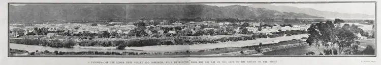 A PANORAMA OF THE LOWER HUTT VALLEY AND TOWNSHIP, NEAR WELINGTON, FROM THE NAI NAI ON THE LEFT TO THE BRIDGE ON THE RIGHT