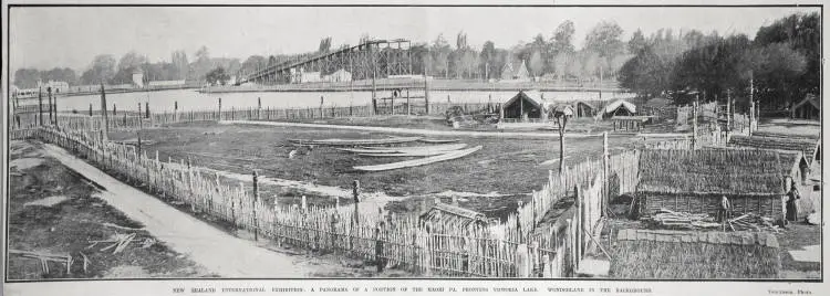 NEW ZEALAND'S INTERNATIONAL EXHIBITION: A PANORAMA OF A PORTION OF THE MAORI PA, FRONTING VICTORIA LAKE, WONDERLAND IN THE BACKGROUND