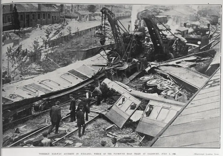 TERRIBLE RAILWAY ACCIDENT IN ENGLAND: WRECK OF THE PLYMOUTH BOAT TRAIN AT SALISBURY, JULY 1, 1906