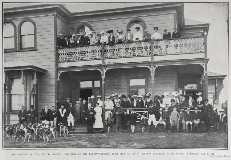 THE OPENING OF THE HUNTING SEASON: THE MEET OF THE EGMONT-WANGANUI HUNT CLUB AT MR. A. HIGGIE'S RESIDENCE, BLINK BONNIE, WANGANUI, MAY 5, 1906