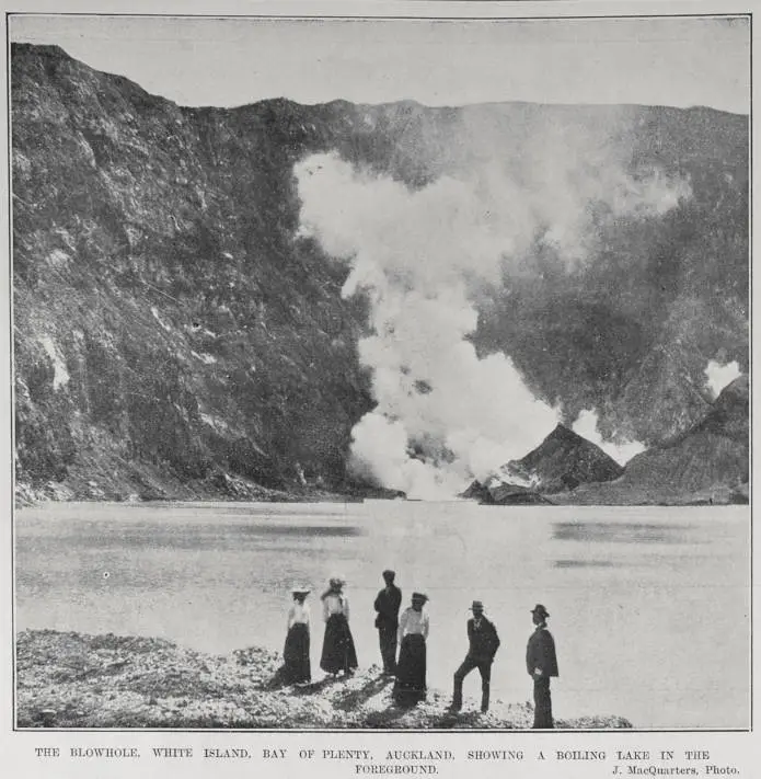 THE BLOWHOLE, WHITE ISLAND, BAY OF PLENTY, AUCKLAND, SHOWING A BOLING LAKE IN THE FOREGROUND