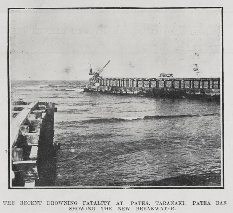 THE RECENT DROWNING FATLITY AT PATEA, TARANAKI: PATEA BAR SHOWING THE NEW BREAKWATER