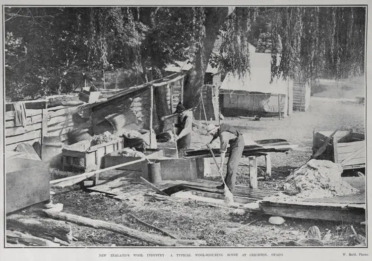 NEW ZEALAND'S WOOL INDUSTRY: A TYPICAL WOOL-SCOURING SCENE AT CRICHTON, OTAGO