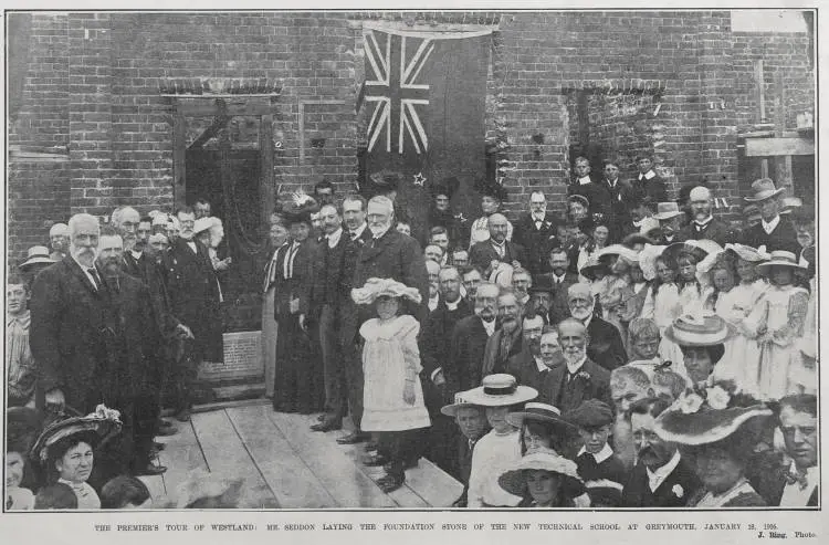 THE PREMIER'S TOUR OF WESTLAND: MR. SEDDON LAYING THE FOUNDATION STONE OF THE NEW TECHNICAL SCHOOL AT GREYMOUTH, JANUARY 18, 1906