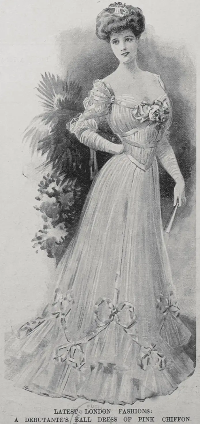 LATEST LONDON FASHIONS: A DEBUTANTE'S BALL DRESS OF PINK CHIFFON