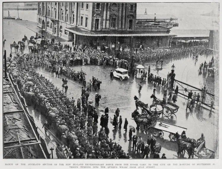 March of the Auckland section of the New Zealand Expeditionary Force from the Epsom camp to the city on the morning of September 23