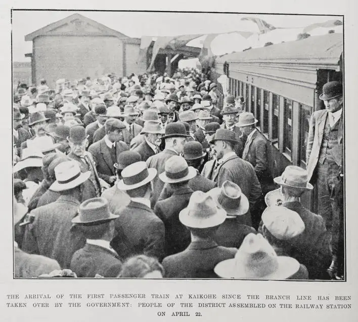 The arrival of the first passenger train at Kaikohe since the branch line has been taken over by the Government