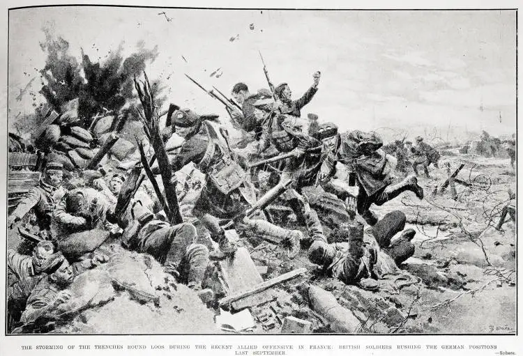 The storming of the trenches round Loos during the recent Allied offensive in France: British soldiers rushing the German positions last September