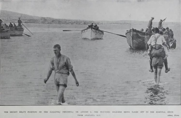 The recent heavy fighting on the Gallipoli Peninsula on August 6: The wounded soldiers being taken off to the hospital ships from Anafarta Bay