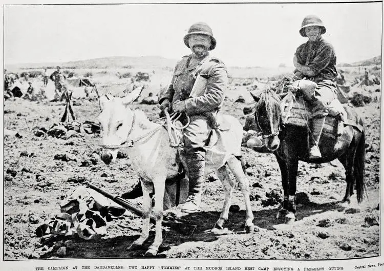 The campaign at the Dardanelles: two happy 'Tommies' at the Mudros Island rest camp enjoying a pleasant outing