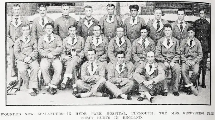 Wounded New Zealanders in Hyde Park hospital, Plymouth: the men recovering from their hurts in England